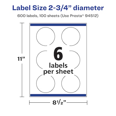 Avery Laser/Inkjet Circle  Waterproof Multipurpose Labels, 2.75"  Dia, White, 600/Box (94512)