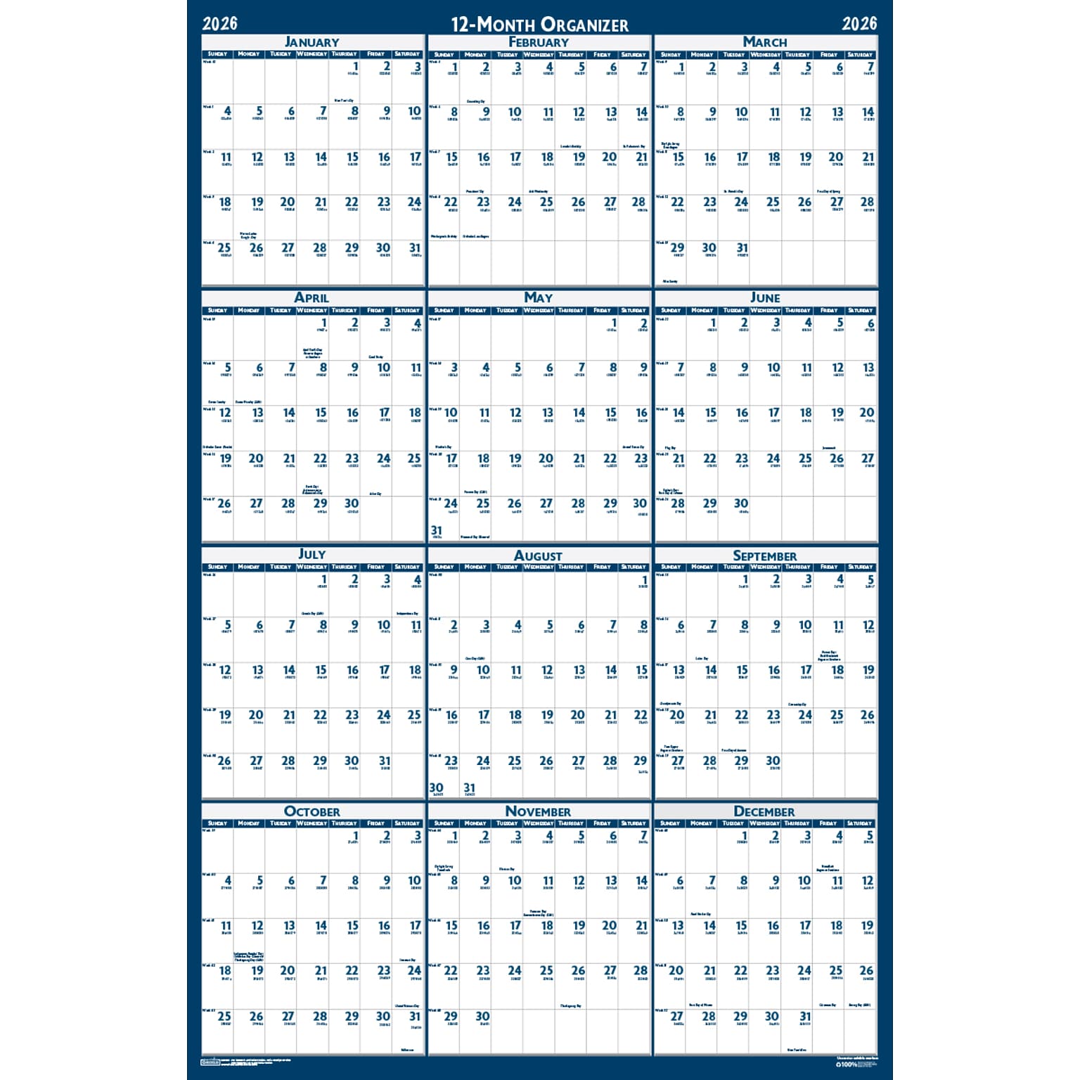 2026 House of Doolittle 37 x 24 Yearly Dry Erase Wall Calendar, Reversible, Blue (396-26)
