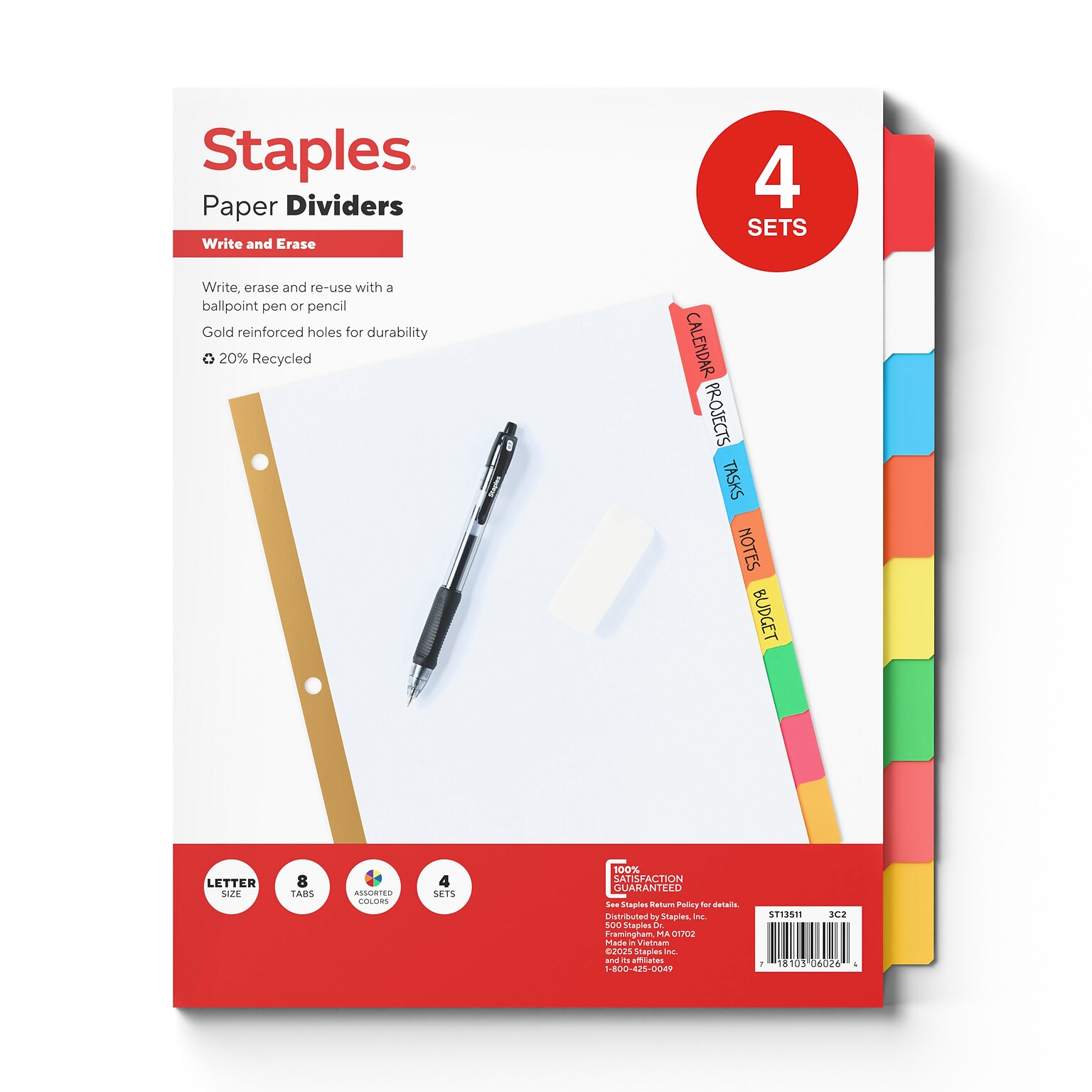 Staples Write & Erase Paper Dividers, Assorted Colors, 8-Tabs, 4 Sets (13511/23179)