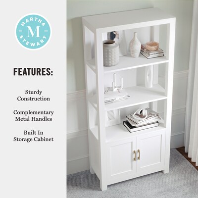 Martha Stewart Hutton 68" 4-Shelf Shaker Style Bookcase w/ Cabinet, White Engineered Wood/Polished Brass Hardware (ZG053WHGLD)