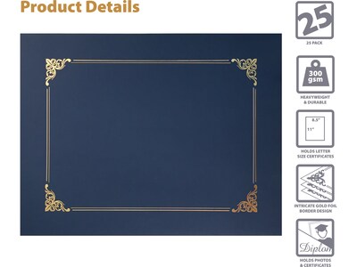 Better Office Certificate Holders, 8.75" x 11.25", Navy Blue/Gold, 25/Pack (65252-25PK)