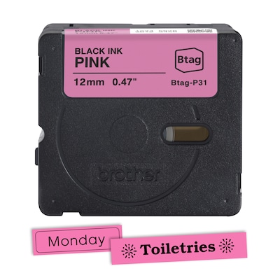 Brother P-touch Btag Label Tape, 1/2" x 13.1’ (12mm x 4m), Black on Pink (BTAGP31)