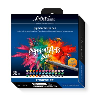 STAEDTLER Pigment Arts Multi Ink Brush Pens, Permanent, Multi Surface, Assorted Colors, 36/Pack (STD371C36)