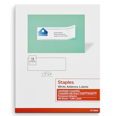 Staples® Laser/Inkjet Address Labels, 1 1/3 x 4, White, 14 Labels/Sheet, 250 Sheets/Box, 3500 Labe