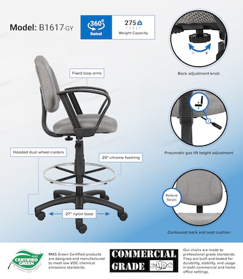 Boss Deluxe Posture Fabric Drafting Stool with Swivel Base, Gray (B1617-GY)