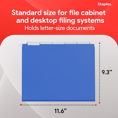 Staples® Hanging File Folders, 1/5-Cut Tab, Letter Size, Blue, 25/Box (ST163501-CC)