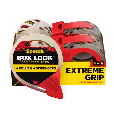 Scotch Box Lock Shipping Packing Tape with Refillable Dispensers, 1.88 in x 54.6 yd, Clear, 4/Pack (3950-4RD)
