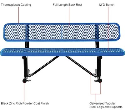 Global Industrial 6' Outdoor Steel Bench w/ Backrest, Expanded Metal, Blue (277154BL)