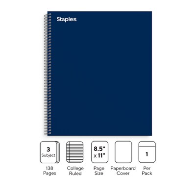 Staples® Premium 3-Subject Subject Notebooks, 8.5 x 11, College Ruled, 150 Sheets, Blue (TR58360M-