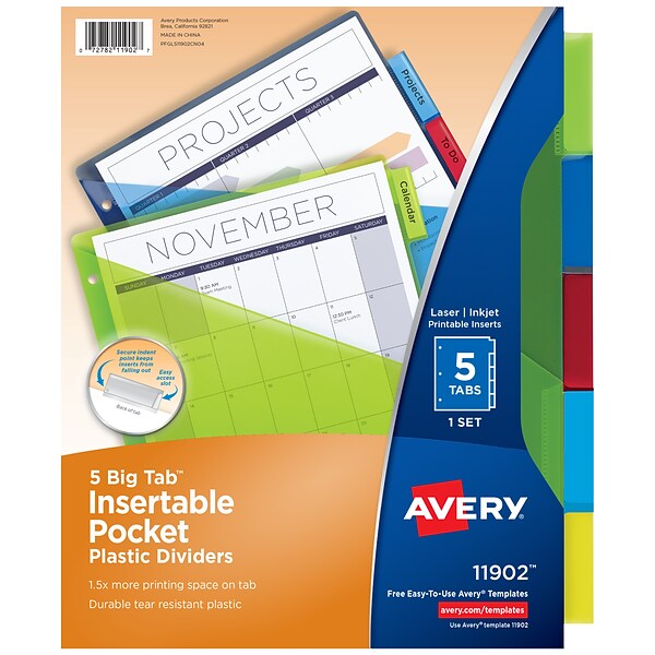 Avery Big Tab Plastic Insertable Dividers with Pockets, 5-Tab, Multicolor (11902)