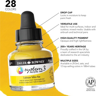 Daler-Rowney System3 Acrylic Ink, Assorted Colors, 29.5ml, 4/Set (DRW161100003)