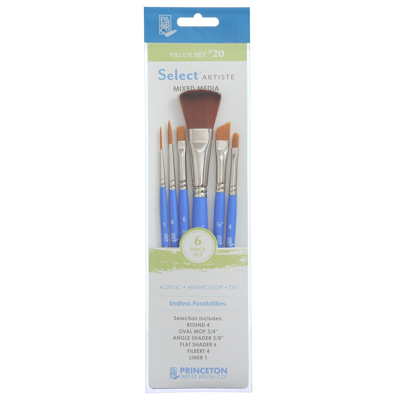 Princeton Select Artiste Mixed Media Synthetic Brush Set No. 20, 6/Pack (PBXP3750SET120)