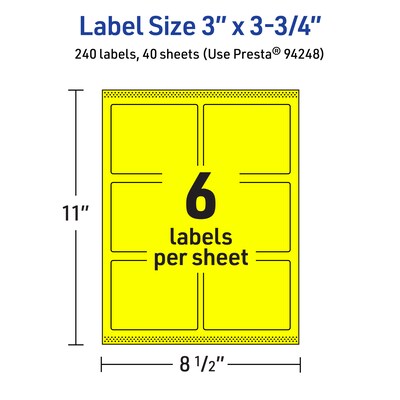 Avery Laser/Inkjet Rectangle Multipurpose Labels, 3" x 3.75", Neon Yellow, 240/Pack (94248)