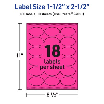 Avery Laser/Inkjet Oval Multipurpose Labels, 1.5" x 2.5", Neon Magenta, 180/Pack (94051)