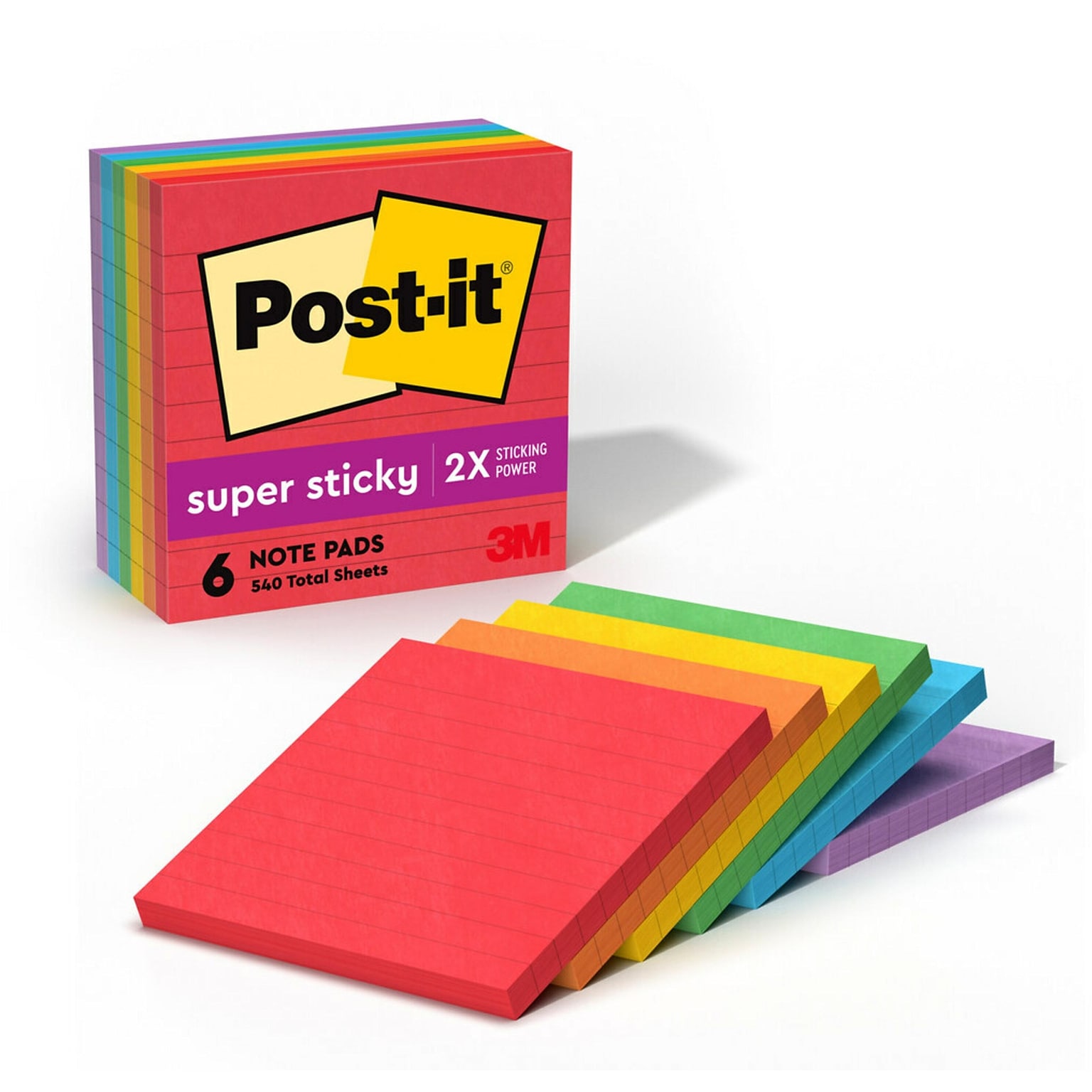 Post-it Super Sticky Notes, 4 x 4, Playful Primaries Collection, Lined, 90 Sheet/Pad, 6 Pads/Pack (6756SSAN)