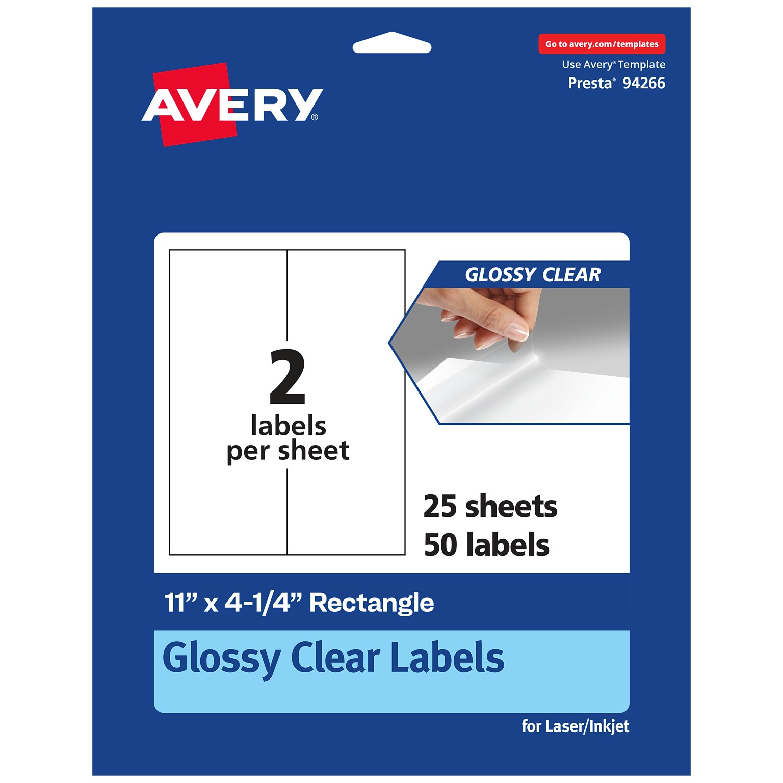 Avery Laser/Inkjet Multipurpose Labels, 4.25 x 11, Glossy Clear, 50/Pack (94266)