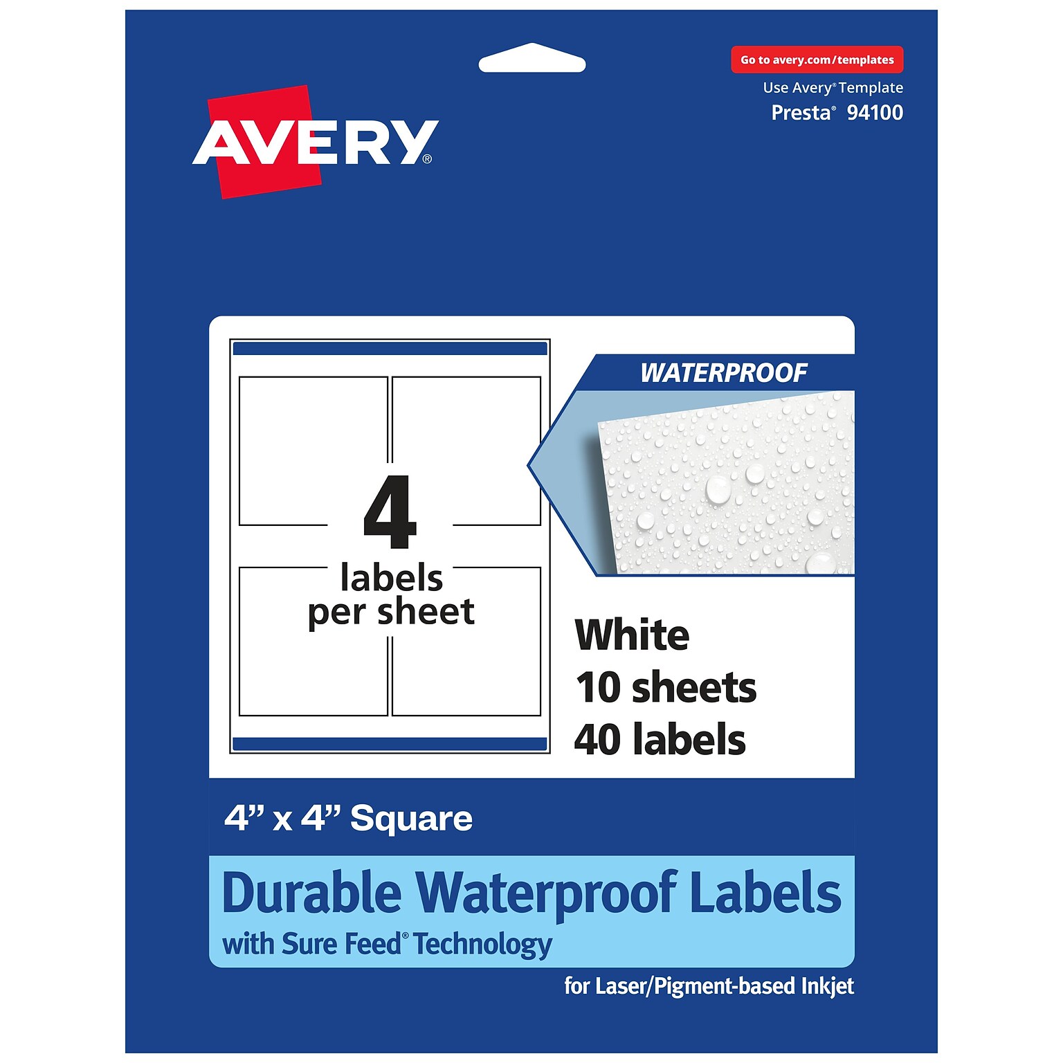Avery Laser/Inkjet Square Durable Waterproof Labels, 4 x 4, White, 40 Labels/Pack (94100)