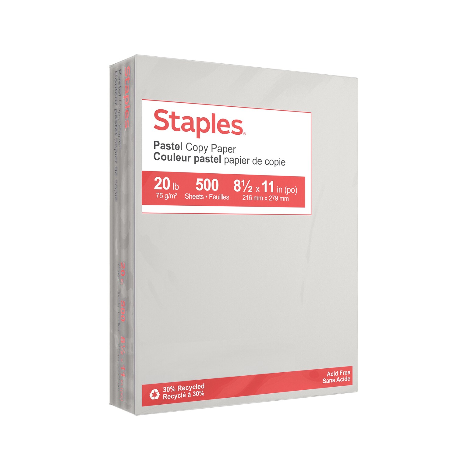 Staples Pastel 30% Recycled Color Copy Paper, 20 lbs., 8.5 x 11, Gray, 500/Ream (14785)