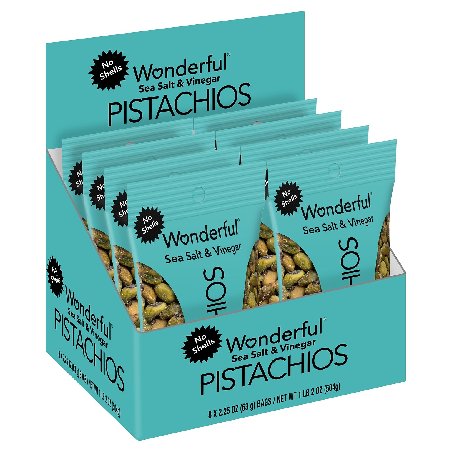 Wonderful Pistachios Sea Salt & Vinegar Pistachios, 2.25 oz., 8 Bags/Box (PAR70033)