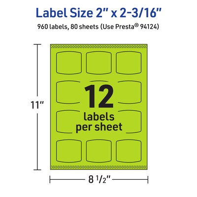 Avery Laser/Inkjet Multipurpose Square Labels, 2" x 2-3/16", Bright Green, 960/Box (94124)