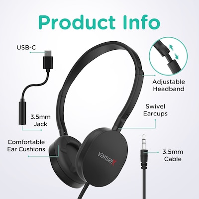 VentureX K22 Stereo Kids Learning Stereo Phone & Computer Headset, 3.5mm & USB-C Adapter (VHPK22BD1)