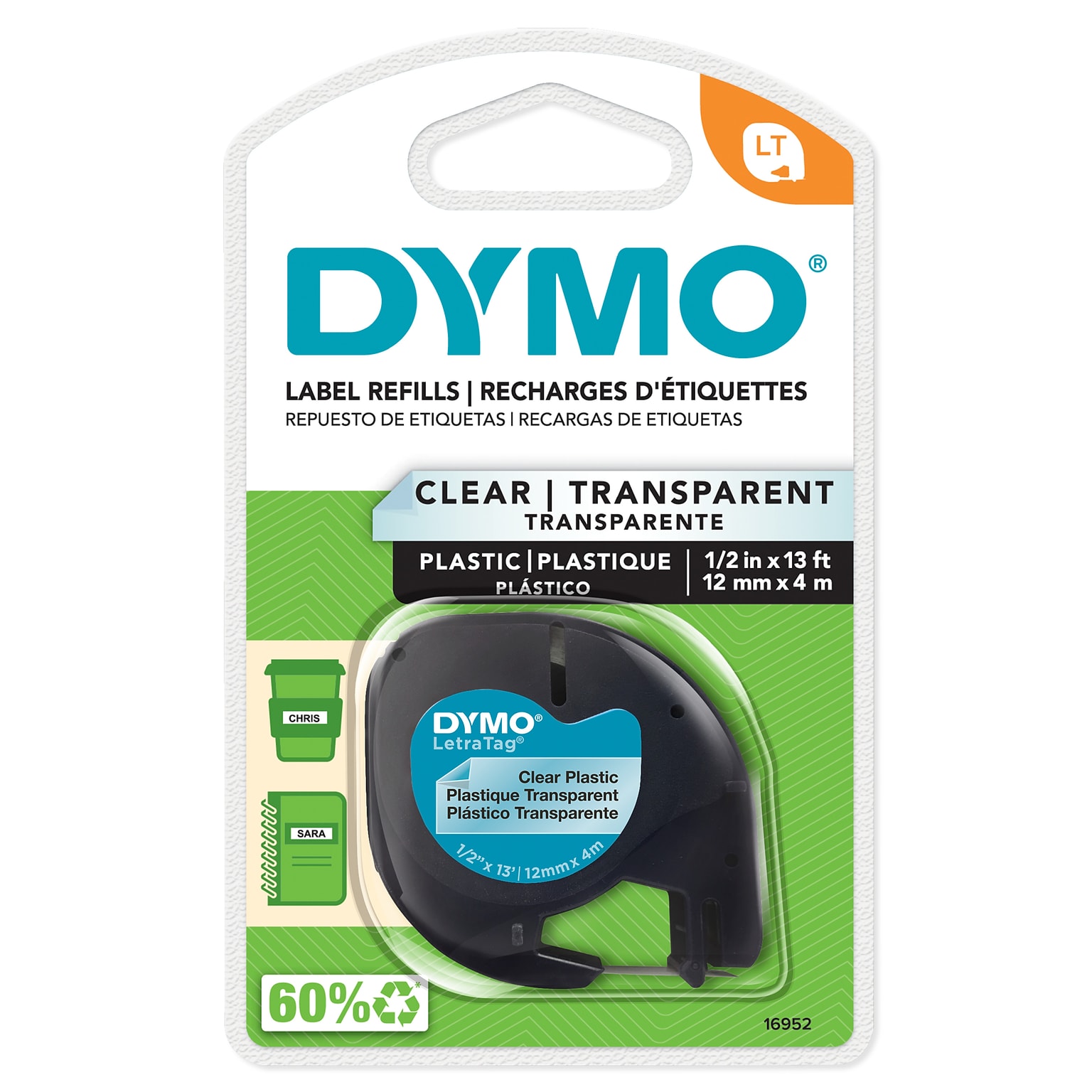 DYMO LetraTag 16952 Label Maker Tape, 1/2 x 13, Black on Clear (16952)