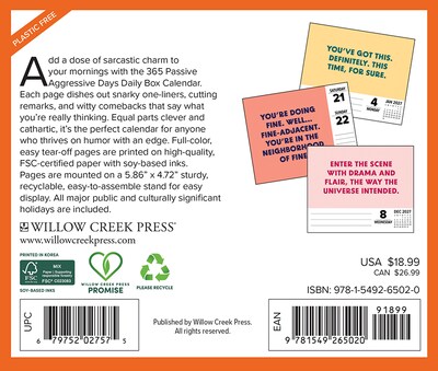 2027 Willow Creek 365 PASSIVE AGGRESSIVE DAYS 6.2 x 5.4 Daily Day-to-Day Calendar, Assorted Colors (65020)