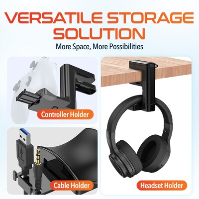 Delton HS7 Headset Stand with Under-Desk Holder and 3 USB-A Ports, Black (DHS3USB)