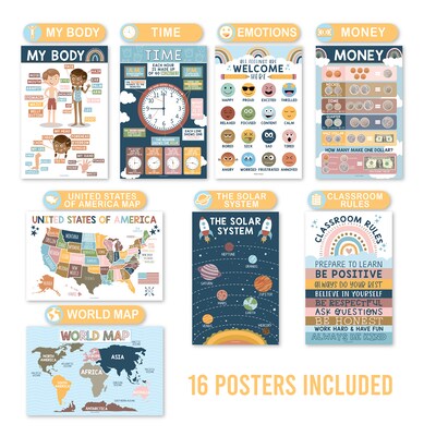 Hadley Designs 17 x 11 Boho Preschool Educational Posters For Toddlers, Laminated, 16/Set (HDDX004