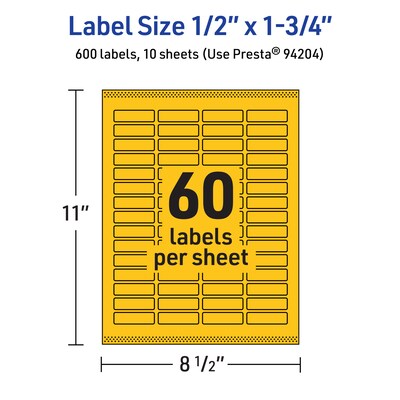 Avery Laser/Inkjet Rectangle Multipurpose Labels, 0.5" x 1.75", Bright Yellow, 600/Pack (94204)