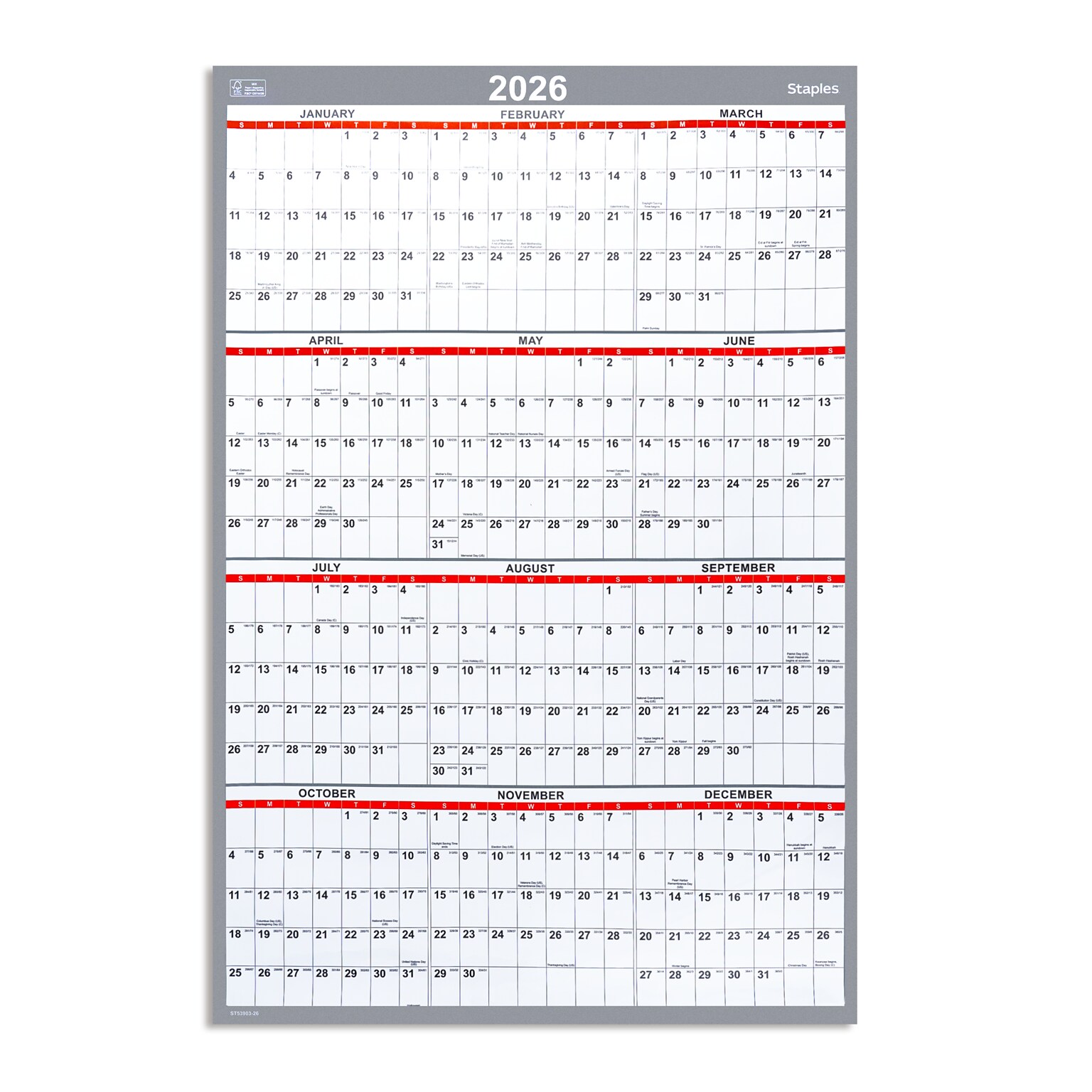 2026 Staples 48 x 32 Yearly Dry Erase Wall Calendar, Reversible, White/Red/Gray (ST58450-26)