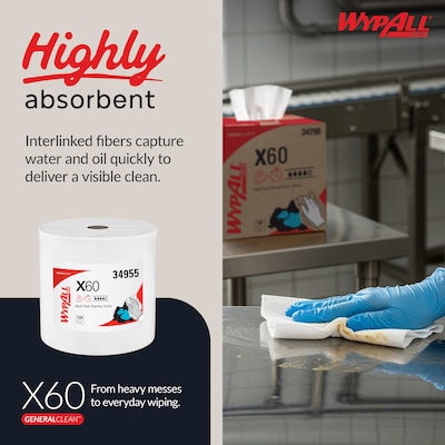 WypAll GeneralClean X60 Nylon Cleaning Wipers, 13.4" x 12.5", White, 1100 Sheets/Roll, 1100 Wipers/Box (34955)