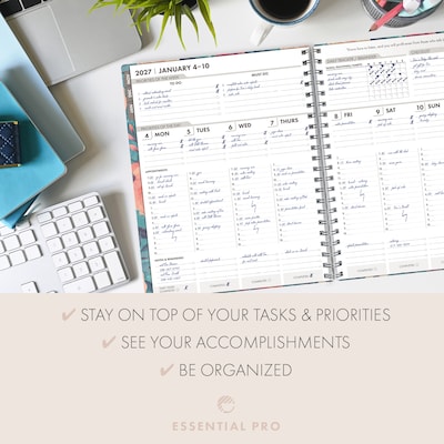 2027 Excello Brands Essential Pro 8.5" x 11" Weekly & Monthly Planner, Teal Floral (ESPRO-CY27-8511-17)