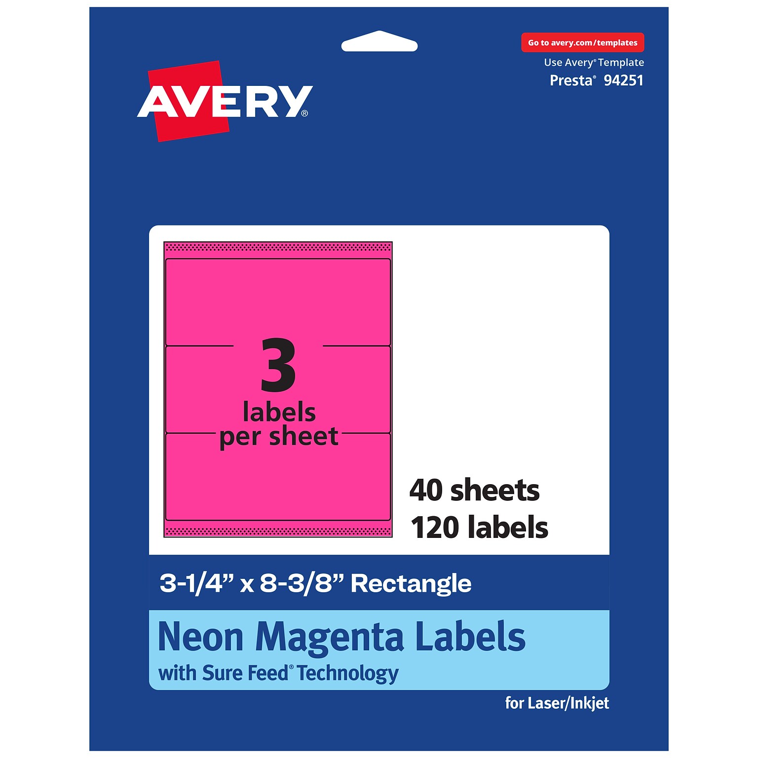 Avery Rectangle Laser/Inkjet Multipurpose Labels, 3-1/4 x 8-3/8, Neon Magenta (120/Box)