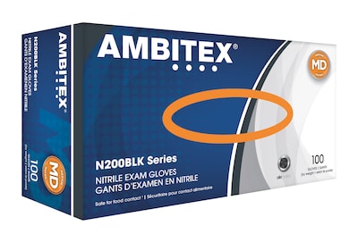 Ambitex N200BLK Series Powder Free Black Nitrile Gloves, Medium, 1000/Carton (NMD200BLK)