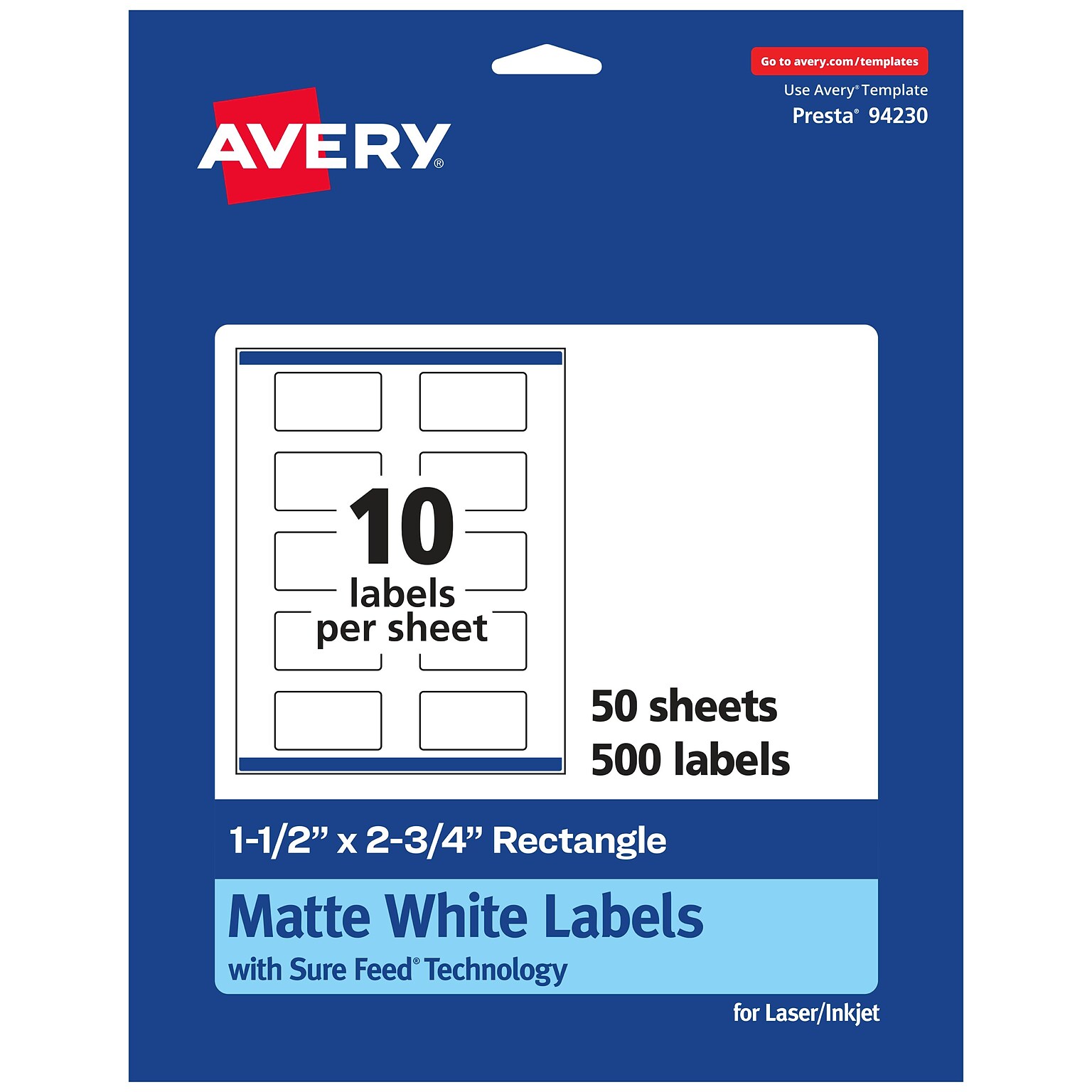 Avery Laser/Inkjet Rectangle Multipurpose Labels, 1.5 x 2.75, Matte White, 500 Labels/Box (94230)