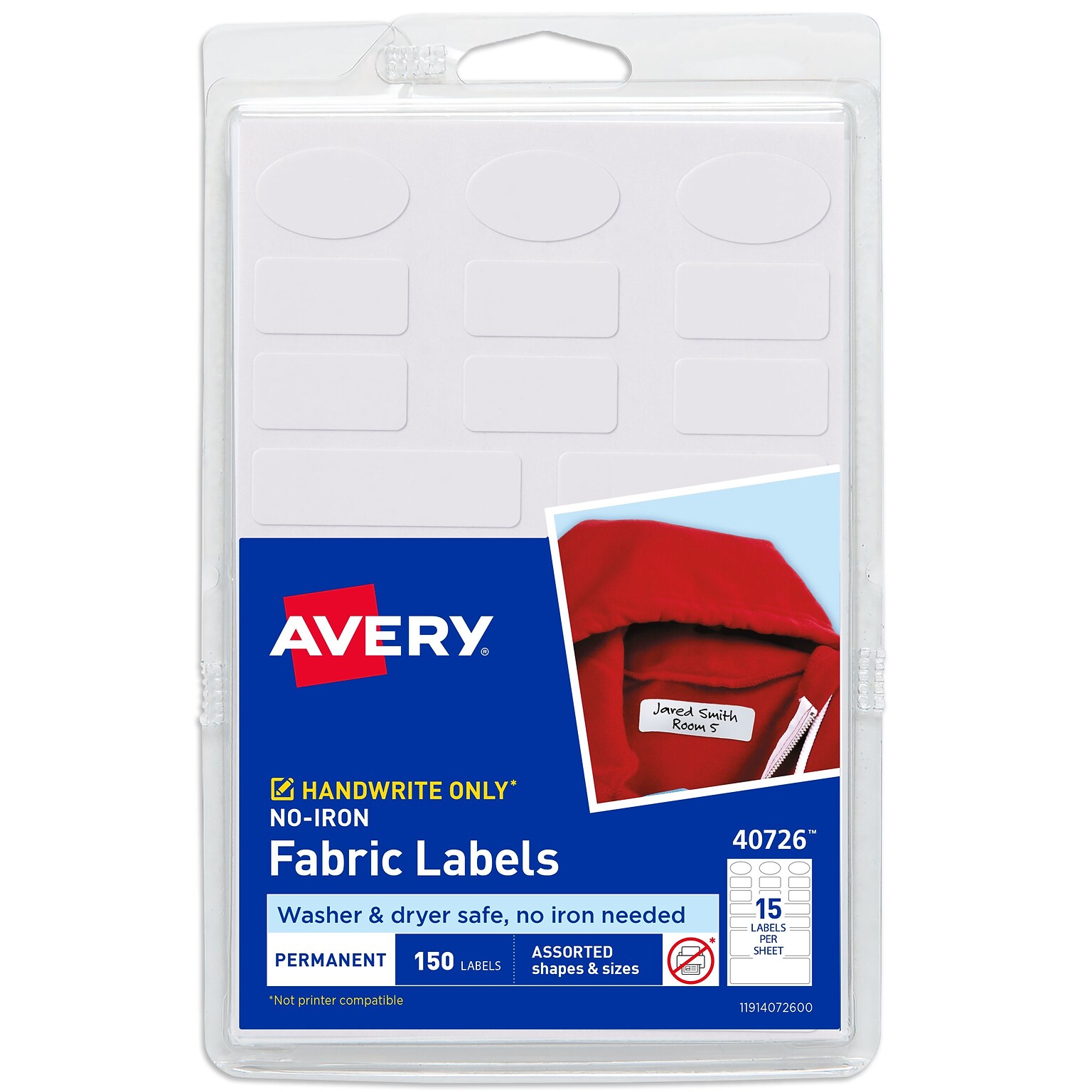 Avery No-Iron Waterproof Fabric Labels, Assorted Shapes/Sizes, White, 150 Labels/Pack (40726)