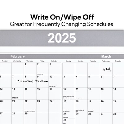 2025 Staples 36" x 24" Dry Erase Wall Calendar, Gray/White (ST52079-25)