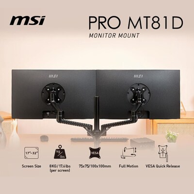 MSI PRO MT81D Premium Dual Mounting Monitor Stand Arms, Up to 32 Monitors, Black