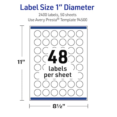 Avery Waterproof Round Laser Multipurpose Labels, 1" Dia., White, 2400/Box (19479399402)