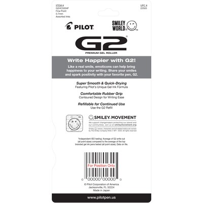 Pilot G2 SmileyWorld Retractable Gel Pen, Fine Point, 0.7mm, Assorted Ink, 5 Pack (G2HC5004F)