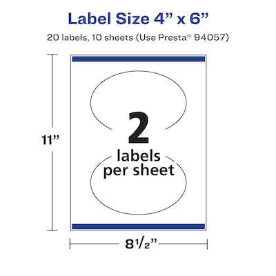 Avery Laser/Inkjet Oval  Waterproof Multipurpose Labels, 6"  Dia, White, 20/Pack (94057)
