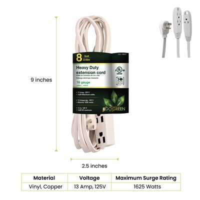 GoGreen Power 8 Extension Cord, 3-Outlet, 16 AWG, White (GG-19608)