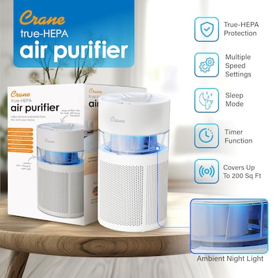 Crane True HEPA Tabletop Air Purifier, 200 sq. ft., White (EE-5076)