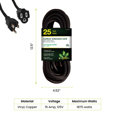GoGreen Power 25 Indoor/Outdoor Extension Cord, 14 AWG, Black (GG-13825BK)