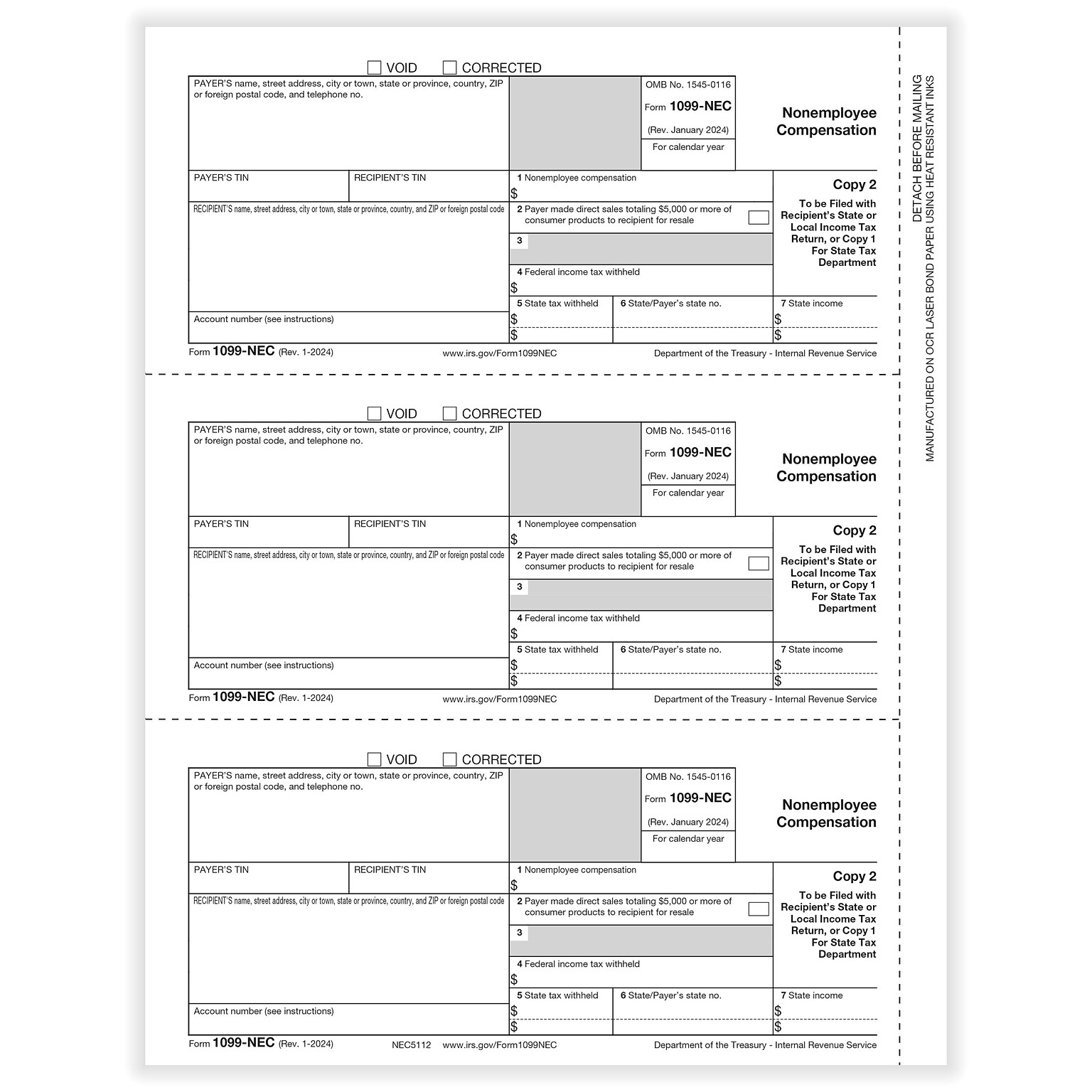 ComplyRight 2024 1099-NEC Tax Form, 1-Part, 3-Up, Payer Copy C, 50/Pack (NEC511250)
