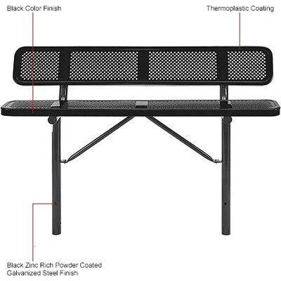Global Industrial 6' Outdoor Steel Bench w/ Backrest, Perforated Metal, In Ground Mount, Black (694557IBK)