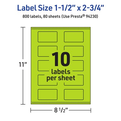 Avery Laser/Inkjet Multipurpose Rectangle Labels, 1.5" x 2.75", Bright Green, 800/Box (94230)