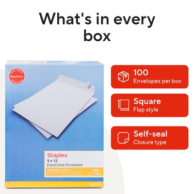 Staples 9 x 12 Catalog Mailing Envelopes, White Wove, QuickStrip EasyClose Peel & Seal, Strong Self-Seal Closure, 100/Pack