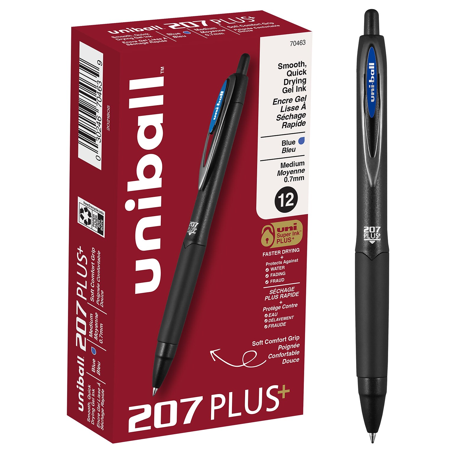 uni-ball 207 Plus+ Retractable Gel Pens, Medium Point, 0.7mm, Blue Ink, Dozen (70463)
